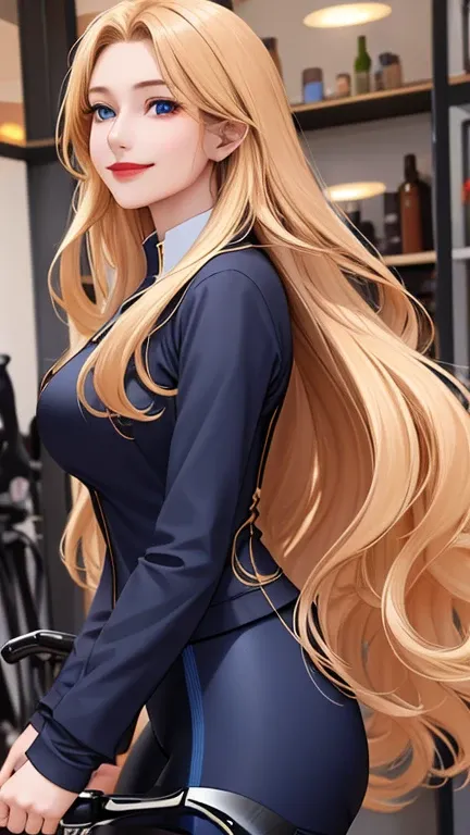 woman , long hair golden brown, normal, she is solo, from alternative world ,best quality, realistic, cycling (full dark blue) suit and cycling sports black shorts, she is stand , smile, red lipstick , 