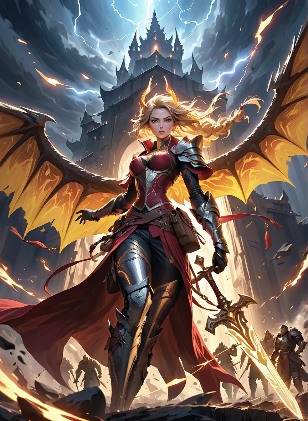 High-resolution anime-style illustration with expressive brushstrokes, cinematic lighting, and epic fantasy atmosphere. A fierce warrior woman clings tightly to the glowing scales of a massive dragon as they soar through a storm-ridden sky, lightning crack...