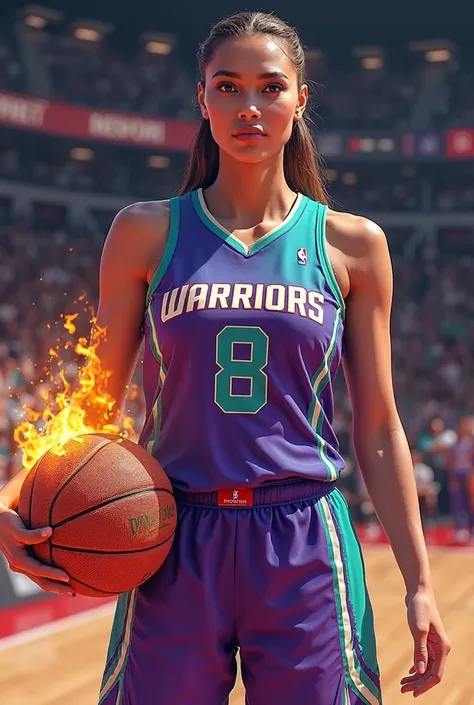 women's sleeveless basketball shirt in purple and aqua green, with the name WARRIORS , the number 8, in addition to the image a ball with fire 