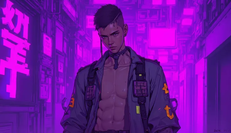 TOP QUALITY　Ultra delicate　 Japanese Anime Anime　One young man　　Strong shadows 　Pink light　purple scenery　 strong contrast 　 provocative pose　サイバーpunk　punk