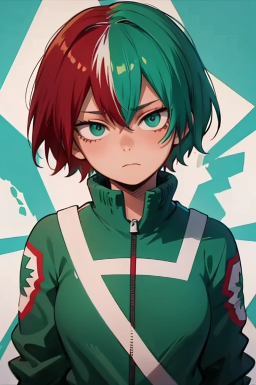 Teenage woman in My Hero Academia ,  turquoise eyes  , Short red hair ,  close up , dressed in a loose and worn green jacket ,   expressionless, Eyes without emotions, empty eyes, 