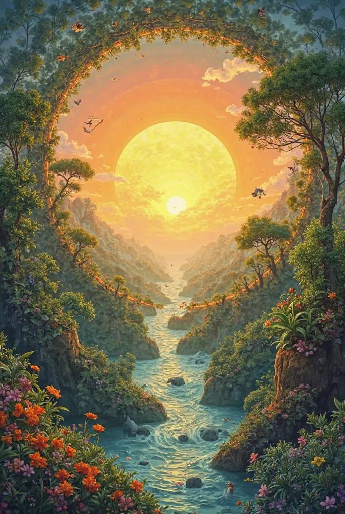 The Eternal Cycle**  
image: A continuous cycle of life:  the sunrise , the growth of plants, The movement of animals and the passage of seasons. Everything is interconnected, showing the eternal renewal of creation.