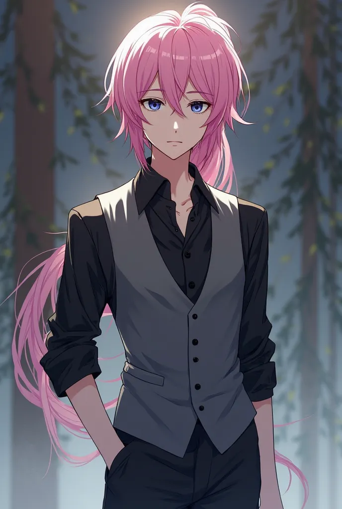 A young guy, slim pale body, long side bangs, pink ponytail, dark blue eyes, collared black shirt with gray waistcoat, black slacks and shoes, anime 