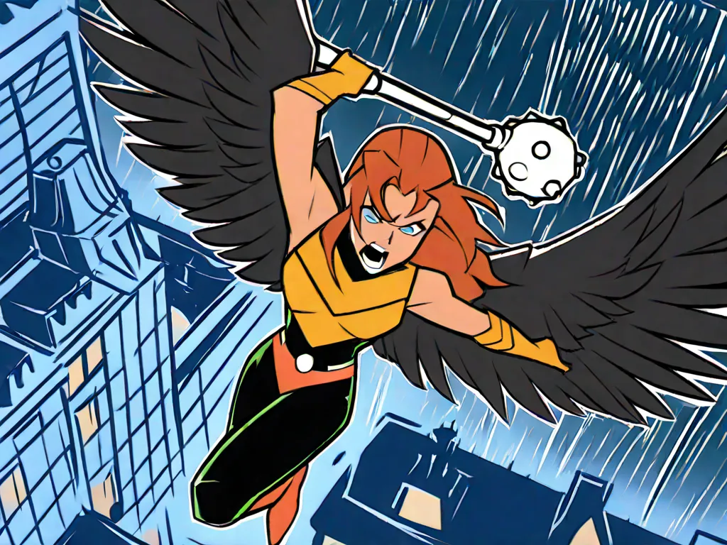 hawkgirl (dc comics), dark anime, line drawing, expressive sketch, cel shaded, anime style splash page candid action shot cover art, wings spread mid-flight, wielding metal mace, armored costume with noir textures, intense determined expression, [Joëlle Jo...