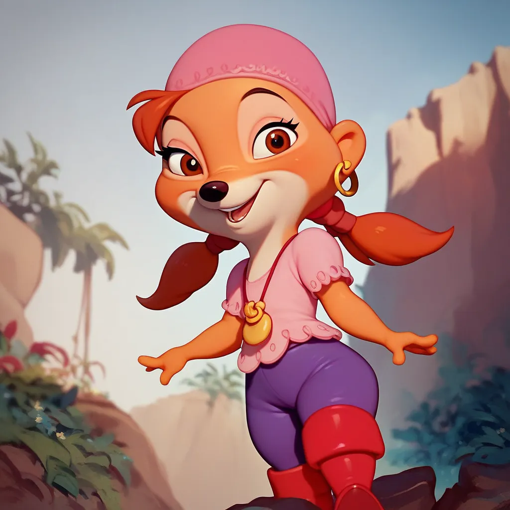 1girl, female, semi anthro , brown eyes, twintails, bandana, earrings pink shirt purple pants Disney fox red boots 