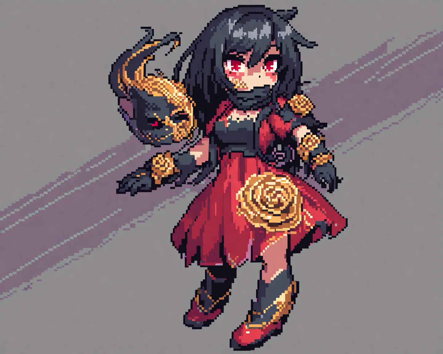  A Girl  , with long black hair and red eyes,  with dark skin  , mask wearing a short red dress with golden roses drawn,With a black mask like ninja on the face , Full body in pixel art style 