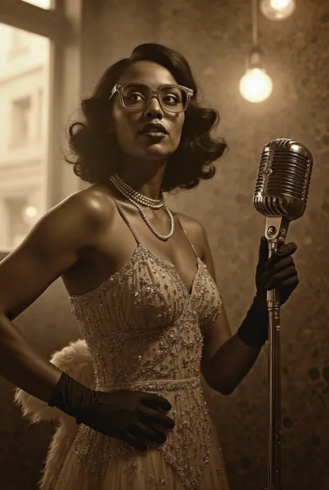 The model is wearing glass sunglasses with stars and the moon on the glassA dynamic 1926 jazz club portrait, captured in sepia tones on a Kodak Panatomic-X film stock, f/5.6, 1/30s shutter speed. Christina, a 5’2” 19 year-old Panamanian singer with long wa...