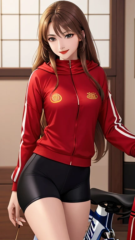 woman , long hair golden brown, normal, she is solo, from alternative world ,best quality, realistic, cycling hoodie (full dark red) suit and cycling sports black shorts, she is stand , smile, red lipstick , 