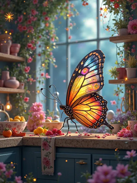 A colorful butterfly with beautiful wings cooking in an all-flowery kitchen 