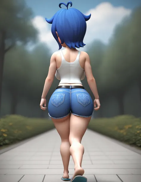 score_9, score_8_up, score_7_up, source_anime, blue hair,hair over one eye, purple eyes, 3d,(((White mini fitted tank top))),tight thicc short jeans,black belt,(((white flip flops))),feet up,thicc fat ass,big breasts boobs,showing ass,back behind view,walk...