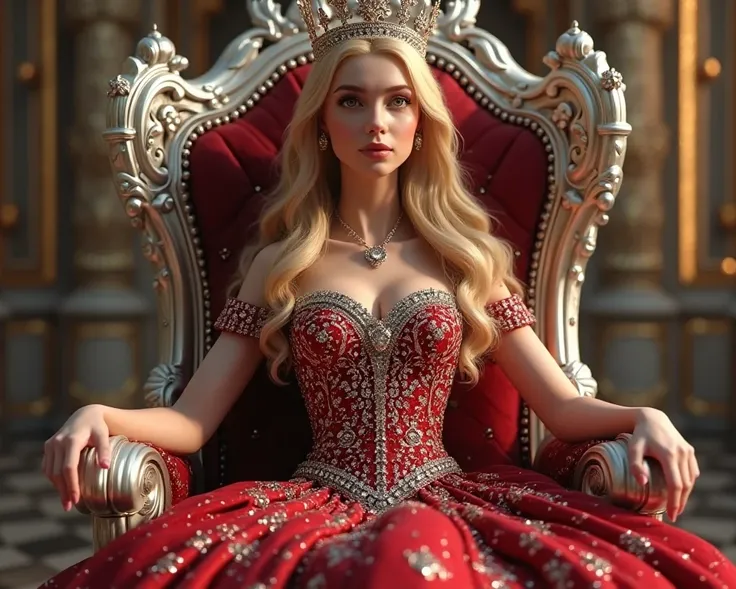 Beautiful princess with her yellow crown hair reaches her shoulders her beautiful red dress full of diamonds reaches her feet ,She's sitting on her silver-colored throne