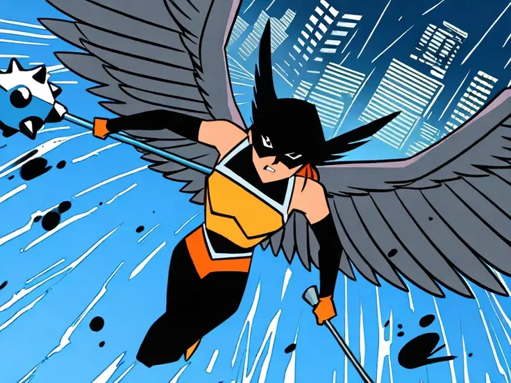 hawkgirl (dc comics), 1990s Amblinanimation, warm hand drawn rotoscope expressive illustration,   cel shaded, style splash page candid action shot cover art comic, wings spread mid-flight, wielding metal mace, armored costume with textures, intense determi...