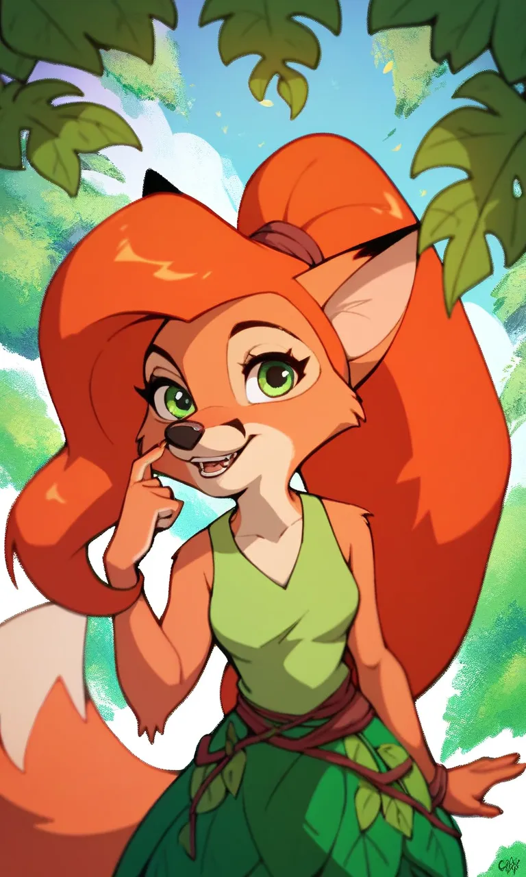 Edyn, 1girl, furry female, orange hair, long hair, ponytail, green eyes maroon tank top, leaf skirt green leggings Disney fox 