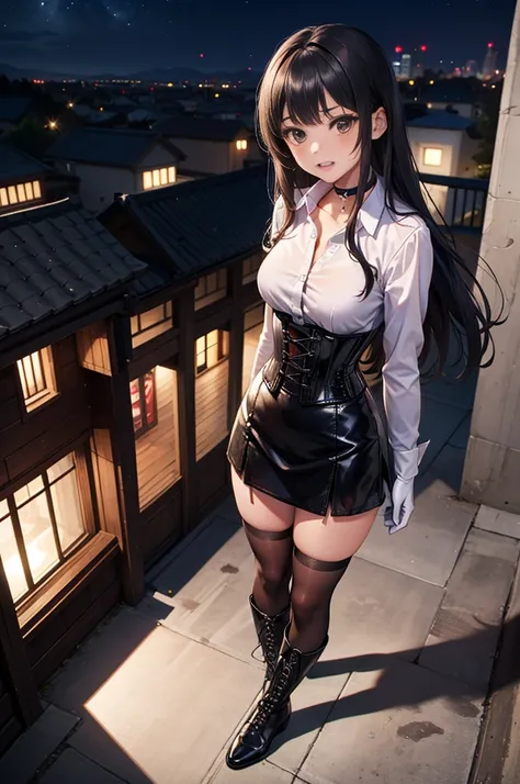 masterpiece, anime style, A young girl,  of foot, ((view from above)), ((( arms crossed ))), pretty face,  surprised look,  showing her teeth , ((redness on the cheeks)), long black hair, detailed eyes,  black eyes,  choker : 1.6, (( long sleeve white shir...