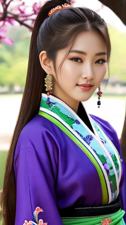 high-resolution 8K (or 9D imaginary), Medium view, THE DAYTIME SUNLIGHT SHINES THROUGH THE SHARP DETAILS OF THE 21-YEAR-OLD, JAPANESE-KOREAN HALFSKIN, WHITE OVAL FACE, FLABBY SKIN, LONG, LIGHT BROWN HAIR IN A HIGH PONYTAIL, BEAUTIFULLY EMBELLISHED WITH HAI...