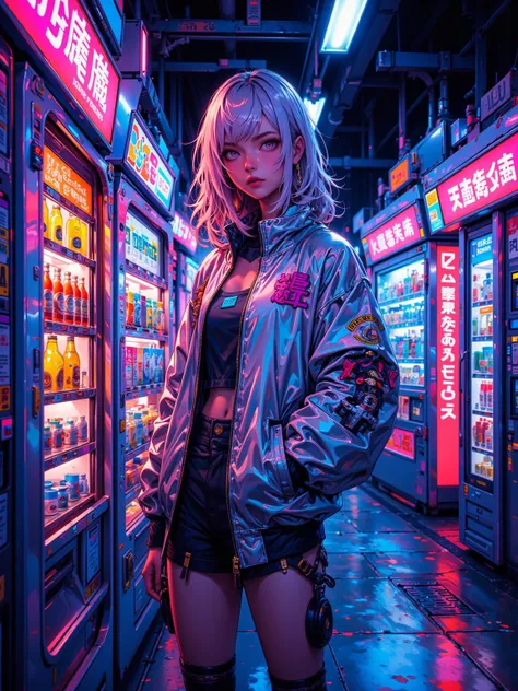 Capture the essence of anime-style illustrations，with vibrant metallic colors and bold textures。Imagine a young woman standing in a futuristic subway station，Her metallic silver bomber jacket reflects the glow of vending machine neon lights。