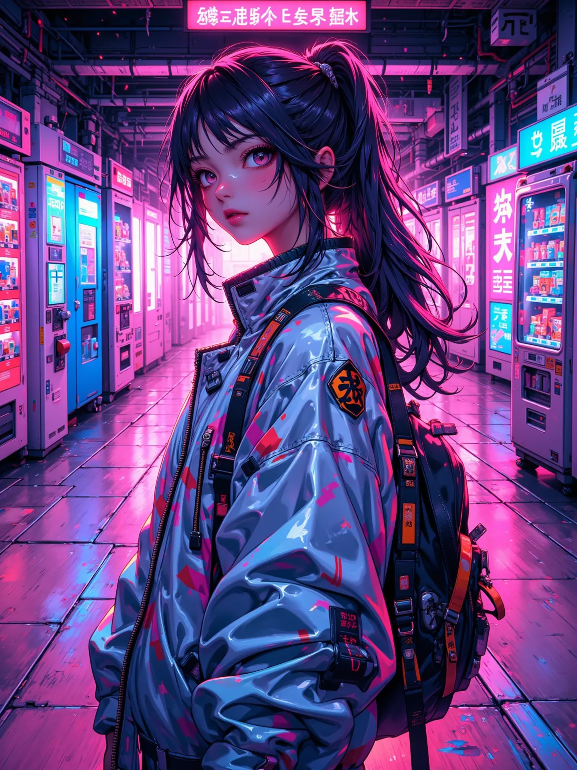 Capture the essence of anime-style illustrations，with vibrant metallic colors and bold textures。Imagine a young woman standing in a futuristic subway station，Her metallic silver bomber jacket reflects the glow of vending machine neon lights。