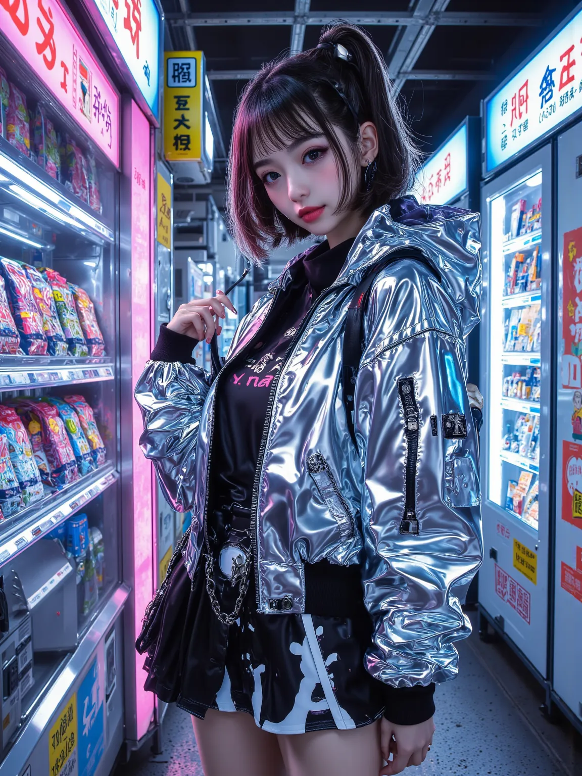 Capture the essence of anime-style illustrations，with vibrant metallic colors and bold textures。Imagine a young woman standing in a futuristic subway station，Her metallic silver bomber jacket reflects the glow of vending machine neon lights。