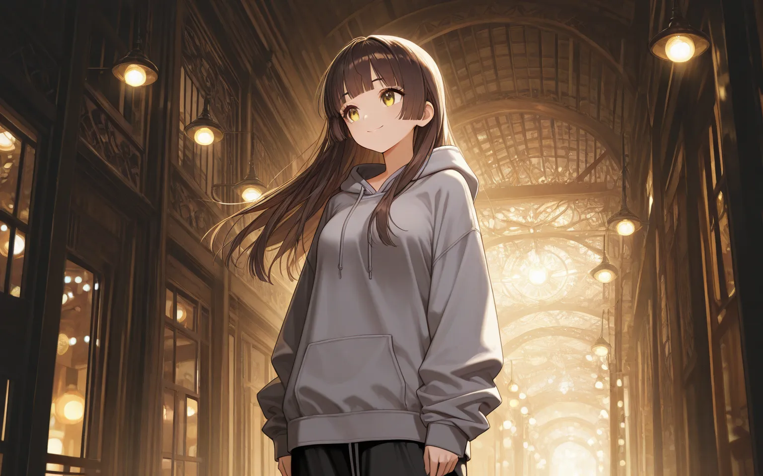 1 girl,  perfect lighting during study, soft lights, so beautiful,   Intricate Details ,  highly detailed background coming out of the whole body,  masterpiece, high quality, noon, Very petite, 最high quality, Alone,  gray hoodie , baggy pants, brown hair o...