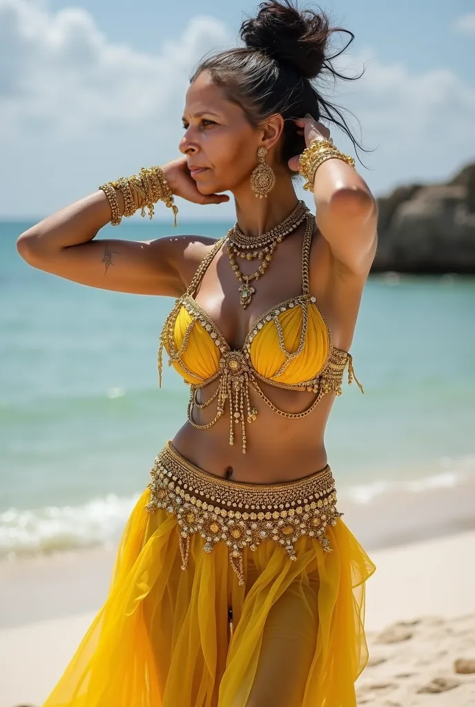 55aged belly dancer,whit skin tone, black and gray hair, back bun hair style, aged face and aged skin, she is showing her dark armpit by holding her hands together on bqck of head, she have bi g bouncing huge breast  and ass, she wearing a shiffon top stra...