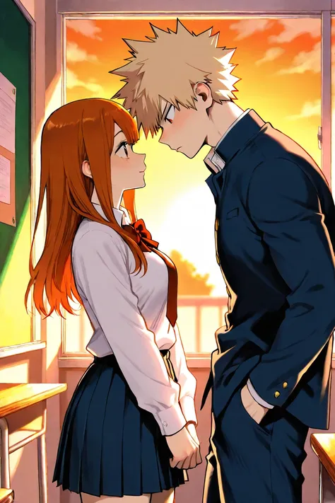 bakugo katsuki, girl with long auburn hair, couple, detailed, cute, school, empty classroom, sunset