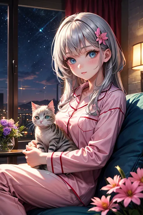  masterpiece, (TOP QUALITY), (( most detailed)),  description depth of boundary ,  beautiful girl,  beautiful face,   night , Silver Hair,  Blunt Bang, blue eyes, pink cheeks, pajamas, Spirit, flower,  colorful landscape,  cat on its lap ,flower,  butterfl...