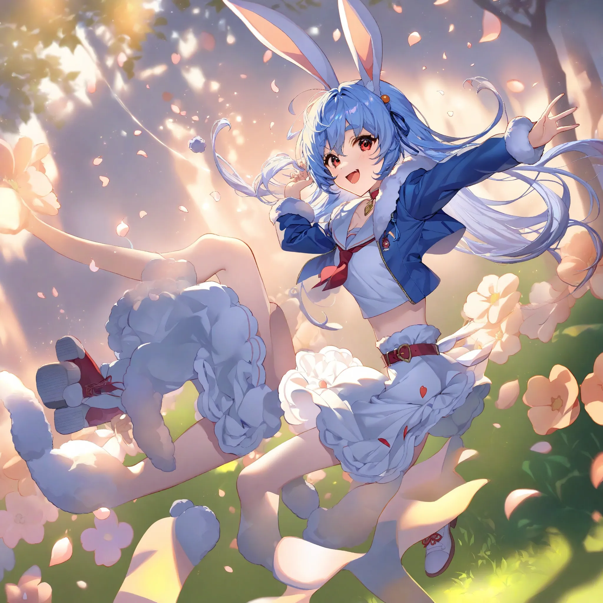 best quality, masterpiece, by teffish and ask and hyatsu and caaaaarrot and chi4 and reiko and hlymoriia, 
by nardack, usada pekora, 1girl, virtual youtuber, solo, jacket, blue hair, looking at viewer, blue jacket, open jacket, ribbon, animal ears, short h...