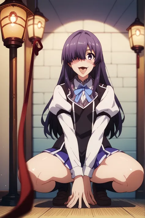 Ayase Ayatsuji Tsukasa,1 girl,Alone, long hair,chest, school uniform, skirt, hair over one eye , purple eyes, Lantern, Long Sleeve,, school uniform, pet play, paw pose, squatting, spread legs, viewer holding leash, growing leash, sexual ecstasy smile, full...