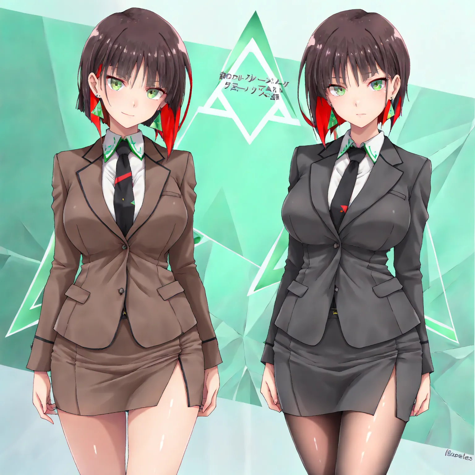 masterpiece, (((( best quality )))),1 girl, Japanese Anime ,character profilele,shiny skin, wearing a black suit,skirt suit, black tie , dark hair, short bob hair,The inner color of the hair is green, green eyes,isosceles triangle earrings, black tights,la...