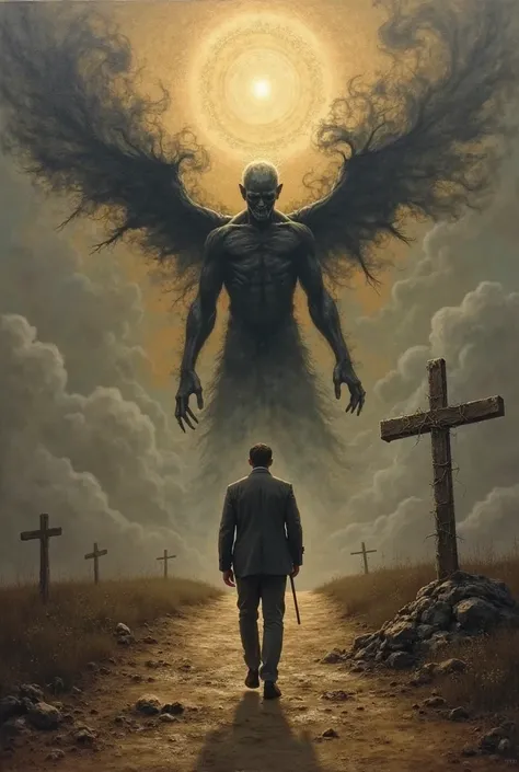 "A man walking on a thorny road, back to the viewer, celestial light above, a demonic silhouette dissolving into black smoke, ancient cross half-buried in the ground, dark gold and gray tones, surreal realism, oil painting texture, dramatic lighting –ar 3:...