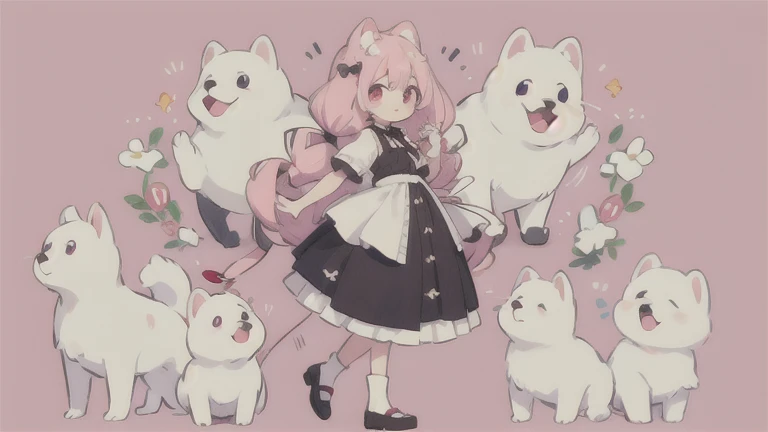 Droopy white dog ears 　高い位置の drill twin tail　 pink eyes　cuteデザイン,  the most beautiful girl I've ever seen、 deformed　 plain background　1 girl, drill twin tail,  light pink hair　Droopy white dog ears , 縦巻き fluffy浮いてる　Put a wine-red ribbon on your hair　Put th...