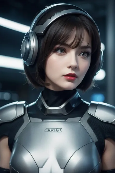  close-up of a woman wearing a futuristic helmet and red lipstick, Cyberpunk Jackie Wells, cgsociety 9,  style for stilets = Retro futuristic ,  beautiful android woman ,   female android ,  retro futuristic fashion , movie「 Blade Runner 」Still image of, F...