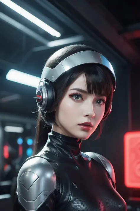  close-up of a woman wearing a futuristic helmet and red lipstick, Cyberpunk Jackie Wells, cgsociety 9,  style for stilets = Retro futuristic ,  beautiful android woman ,   female android ,  retro futuristic fashion , movie「 Blade Runner 」Still image of, F...