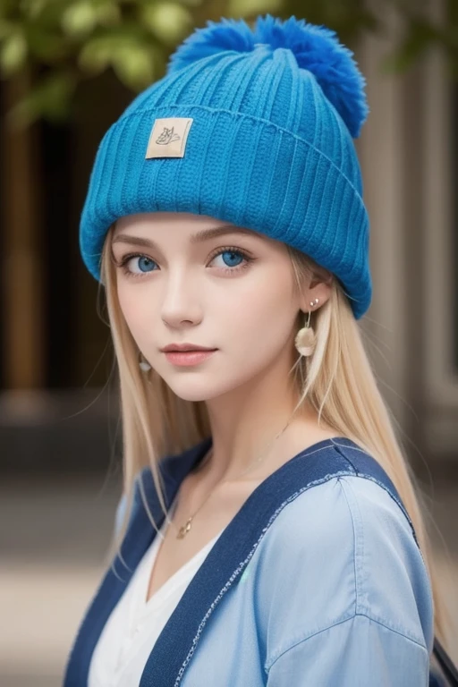  portrait of a blond girl in a blue hat and blue shirt