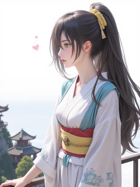 Masterpiece of vision， Premium quality，Shadowed sea view，seaside住所，peaceful， Dark Hair，Black， error complex，seaside，seaside，Emerald eyes，Woman gazing at，Mountain， kimono，robe，Magnificent mansion， Long Sleeve，Heart，belt，belt，Simple，Simple的背景，Ethereal， upper...