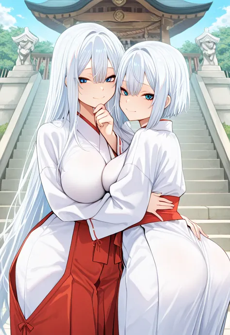 Duo, female , twins  miko outfit, Big saggy breast, long long hair, white hair, Beauty, calm smile, calm gaze, extra long bangs reach her chin, femenine, shrine background, around ass, hd, másterpiece, absurd, kitsunes statue, stairs, Blue eyes,short hair,...