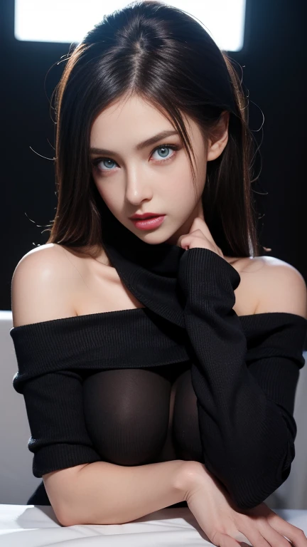 ultra high res, masterpiece, best quality, perfect glossy shiny skins, perfect lighting, detailed lighting, dramatic shadows, ray tracing, black sweater, looking at viewer, off shoulder, Big breasts, Exposed cleavage, blue Eyes, nsfw, ((Dark background)), ...