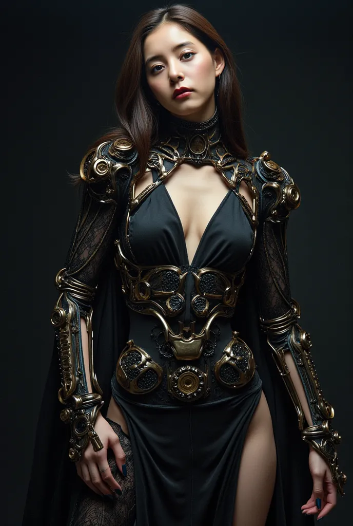 Beautiful woman in exoskeleton, detailed face, perfect anatomy, perfect fingers, Gothic style female android mechanical skeleton made of keys scales, pitch black dark background, [ultra huge breasts woman:8], abstract, [muted colors: vivid colors:8], sharp...