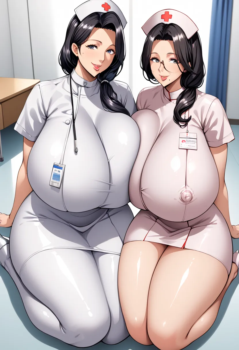 there are anime characters with huge breasts sitting on the floor wearing a with nurse clothes, 2girl, mature female, duo, breasts, mole under mouth, black hair, nurse clothes, long hair, mole, huge breasts, sitting, looking at viewer, smile