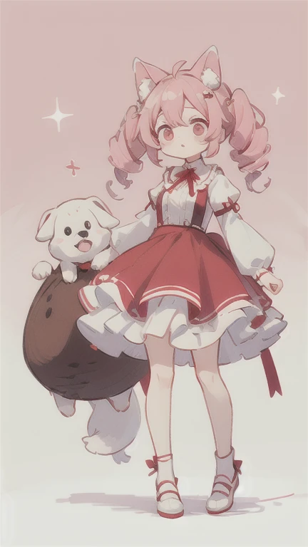 Droopy white dog ears 　高い位置の drill twin tail　 pink eyes　cuteデザイン,  the most beautiful girl I've ever seen、 deformed　 plain background　, drill twin tail,  light pink hair　Droopy white dog ears , Put a red ribbon on your hair　 drill twin tail　、(( full body l...