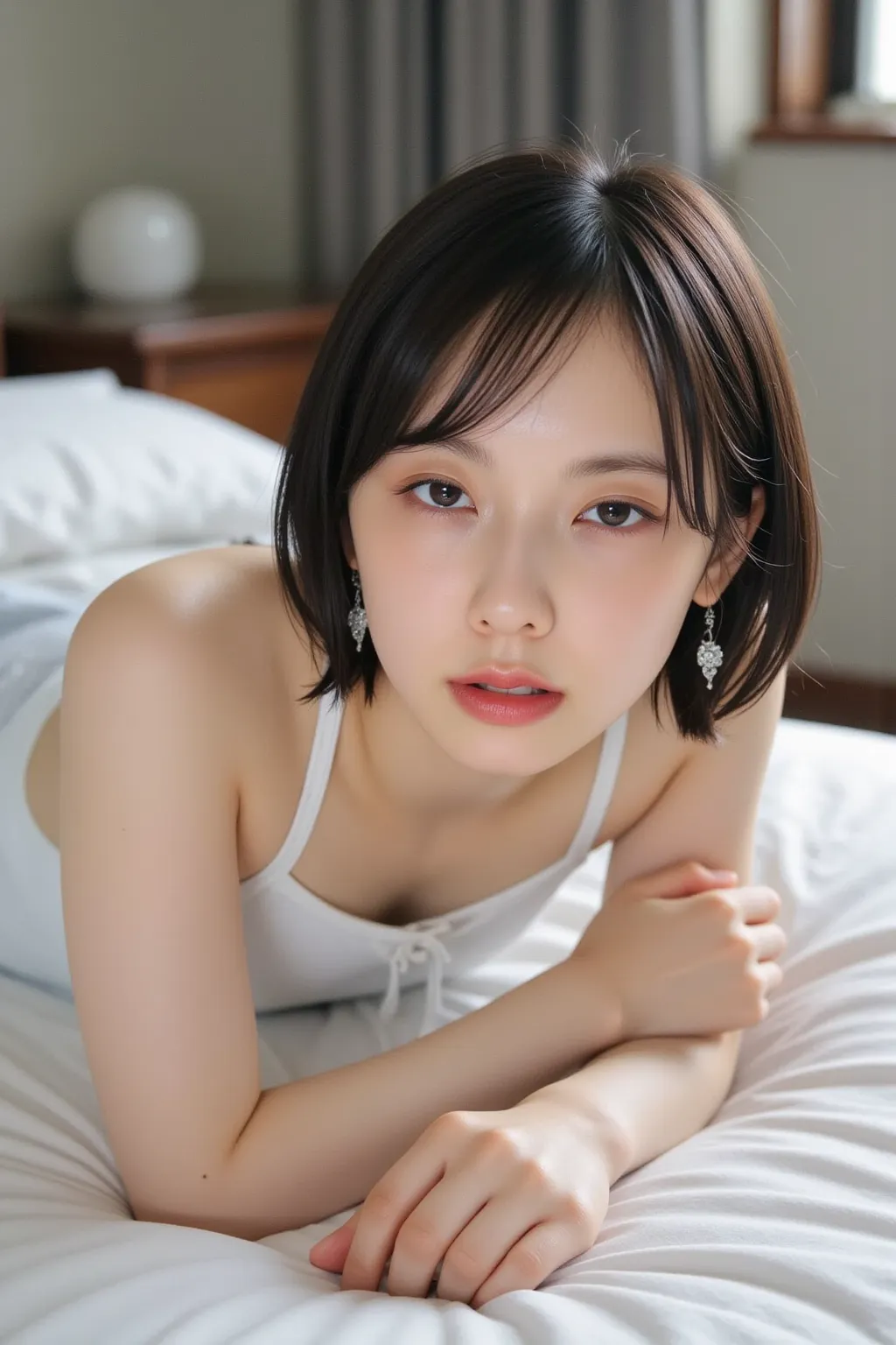     skinny Japanese woman  , with   small breasts,   thin waist, (    correct body anatomy    ,   detailed face,   eye closed ), ( lie on your back on the bed: 1.4),    I feel severe pain, that, I&#39;m crying in fear ,  gasping for physical pain  , (  exp...