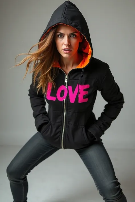 Create a beautiful woman wearing a black jacket with a pink "LOVE" in the center. The jacket fits right into her athletic silhouette. The jacket's hood is orange inside and black outside. The hood is not on her head. She is wearing dark jeans pants and whi...