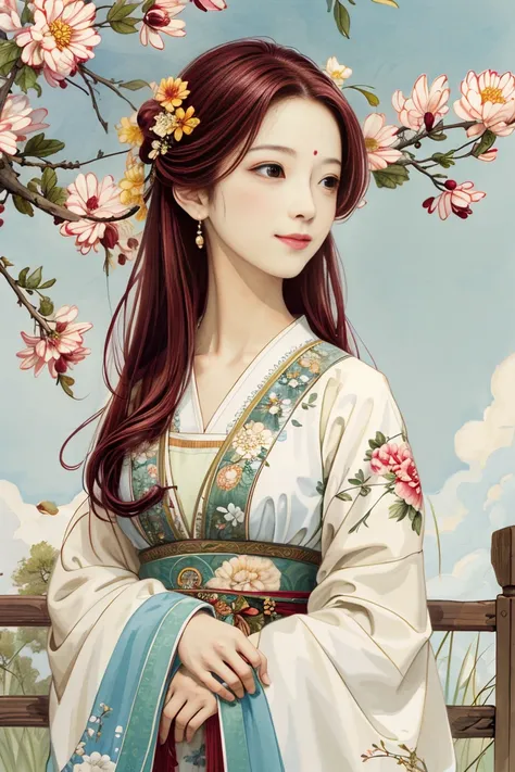 ( TOP QUALITY,  high resolution,  HD , 8k,  masterpiece),  One girl taking care of flowers,  long bright maroon hair ,  moderate breast size、 beautiful and well-groomed face,  brown eyes on the frame , Look at me and smile , Old-fashioned garden   ,  color...