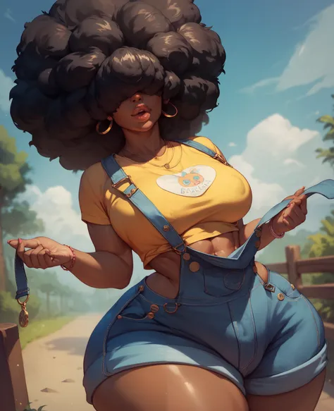 Voluptuous futanari with dark skin, black afro that covers her eyes, small perky breasts, massive hips, and full lips dressed in a yellow crop-top shirt, and overalls with her enormous cock forming a massive bulge in her overalls 