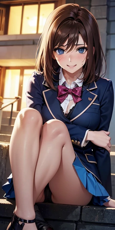     1 female,  High Definition,high resolution,        ultra-realistic        ,8K, 8K, aamazaki, ( capillary antenna   :1.2), blue eyes, blue,     pink jacket, blazer,   Long Sleeve Leather , blue skirt ,     Skinny skirt    ,     miniskirt,    pleated ski...