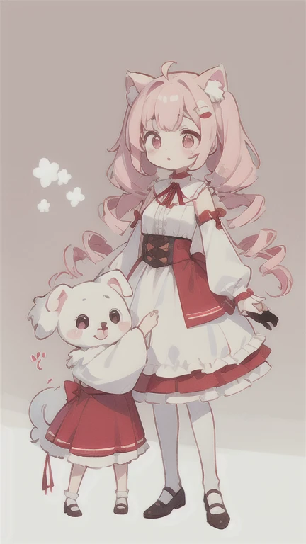 Droopy white dog ears 　高い位置の drill twin tail　 pink eyes　cuteデザイン,  the most beautiful girl I've ever seen、 deformed　 plain background　, drill twin tail,  light pink hair　Droopy white dog ears , Put a red ribbon on your hair　 drill twin tail　、(( full body l...