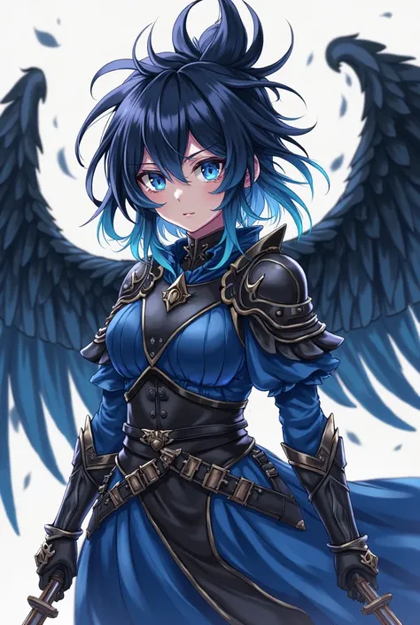 ( maximum quality, best quality,  official art , beautiful and aesthetic :1.2)   anime girl , Crow wings on the back,  blue eyes, long spiked hair in flaming blue and black, blue blouse, black and blue armor holding two daggers.
