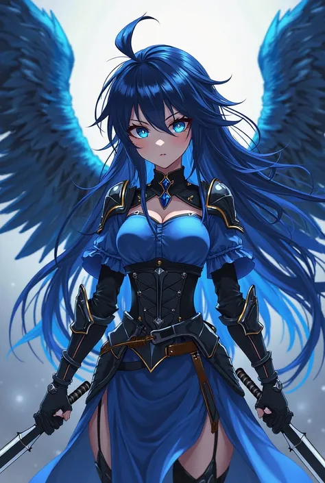 ( maximum quality, best quality,  official art , beautiful and aesthetic :1.2)  anime girl , Crow wings on the back,  blue eyes, long spiked hair in flaming blue and black, blue blouse, black and blue armor holding two daggers.
