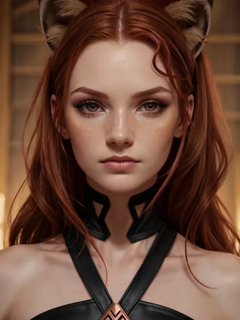 (apex fashion), kiper, real skin, segolily nose, (narrow face), slender face, lupine, tribe of ephraim, irish genes, dark hazel eyes, scottish nose, lioness fox, cybercat, (high forehead, freckle:0.8), beady hazel eyes, brown slightly ginger, (Dark wavy ha...