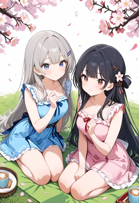 High quality high definition 8k 2 girls,gray hair long hair blue eyes pink frills flower hairpins black hair short red eyes blue frills cute sitting picnic lunch drink hanami petals